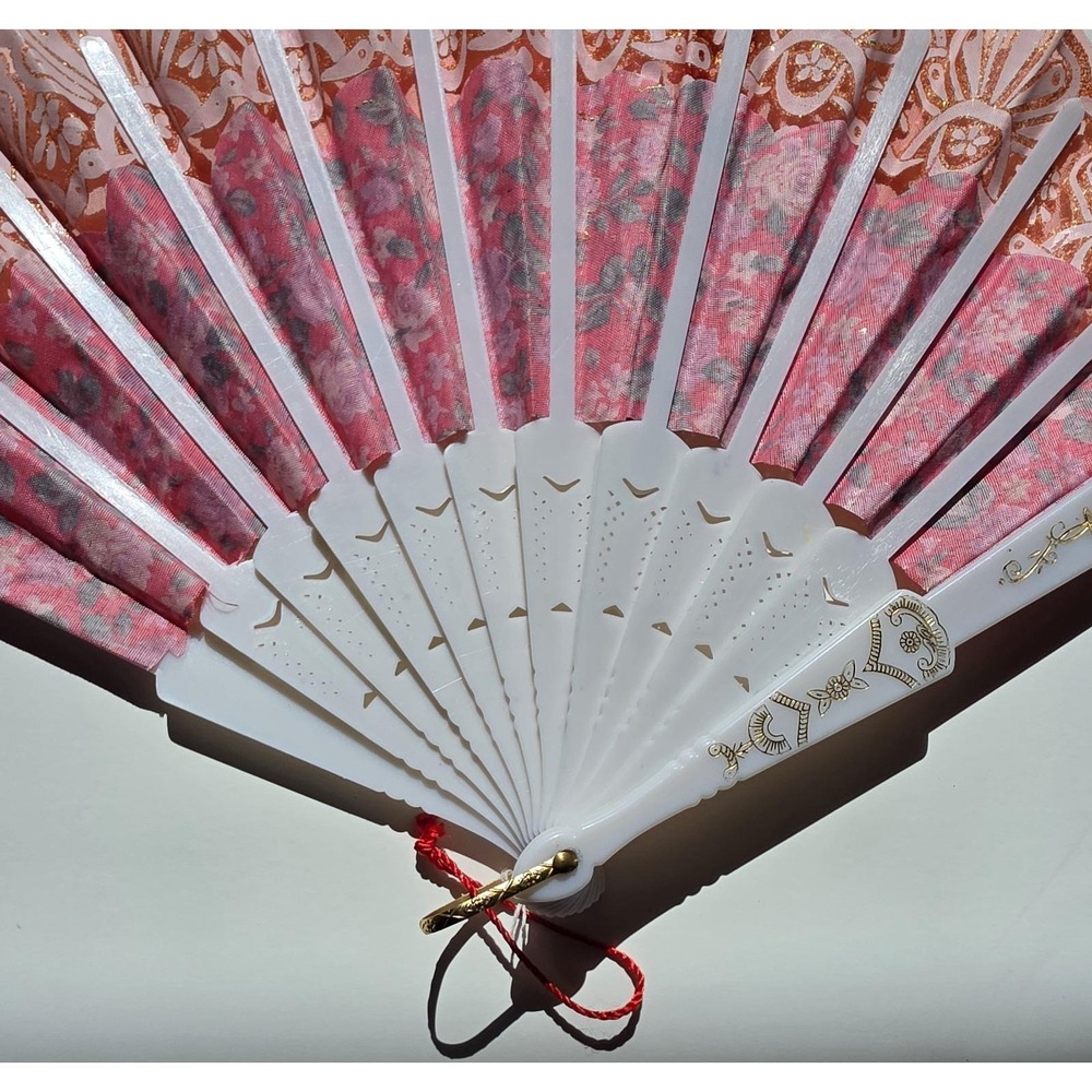 Vintage Floral Folding Hand Fan Pink Red Gold Lace Trim Decorative Asian... - Picture 5 of 6